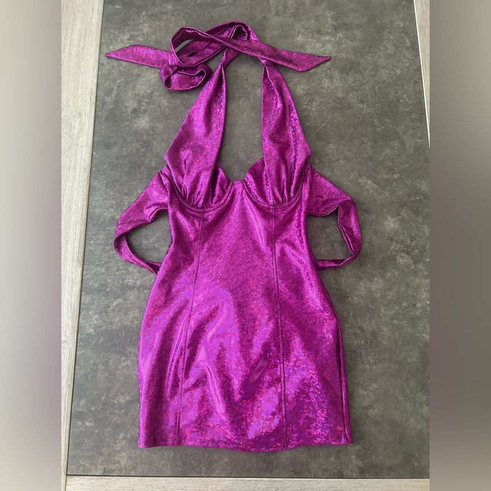 Lucy in the Sky Lorie Holographic Halter Bodycon Dress in Purple